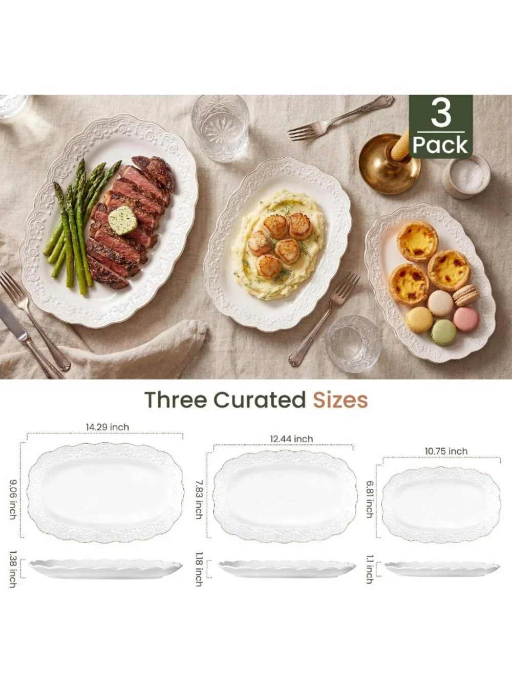 Elegant Ceramic Serving Platter Set | 14”/12”/10” Oval Trays for Entertaining